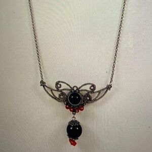Victorian 1920’s Sterling Silver Necklace with Onyx and Red Carnelian Stones 18”
